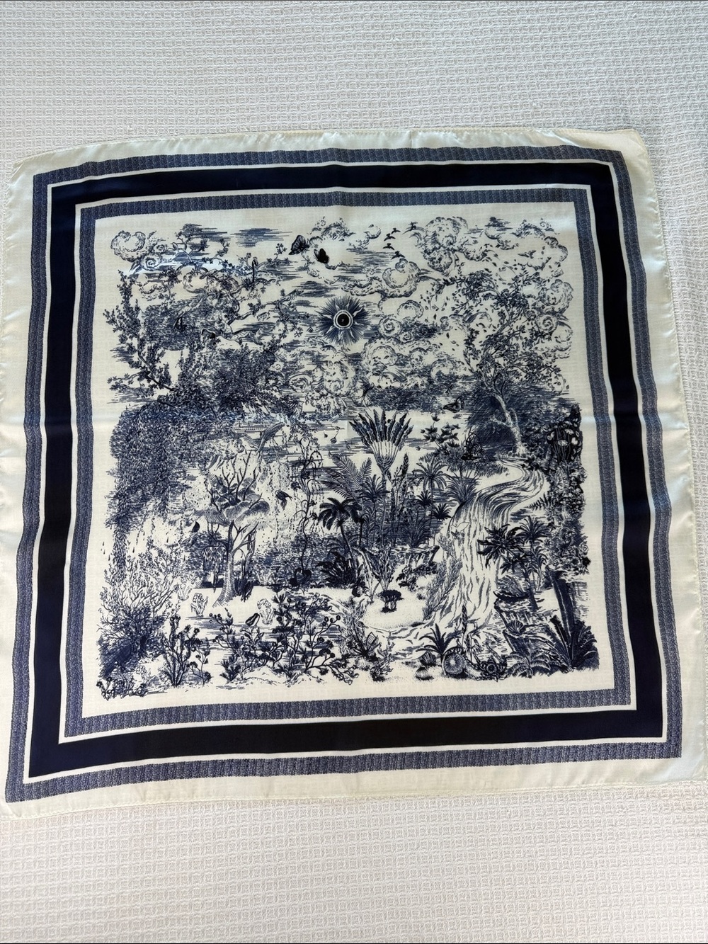 Navy blue and white nature scene print square silk scarf